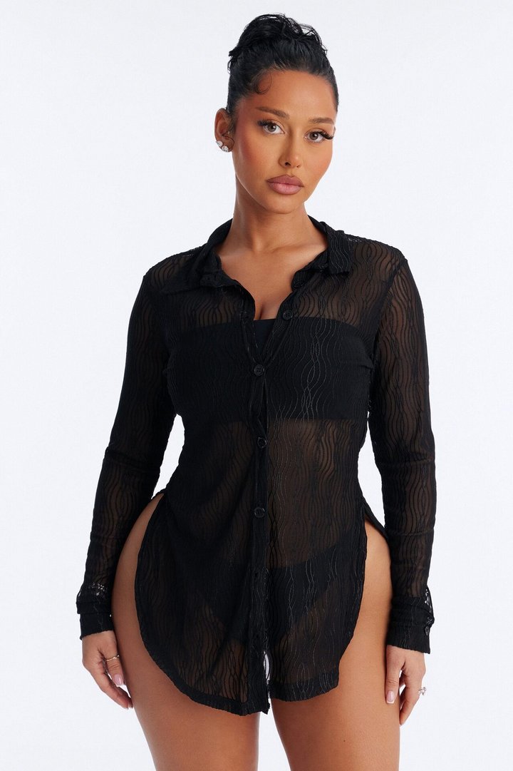 Take It Easy Mesh Cover Up Button Up Shirt - Black