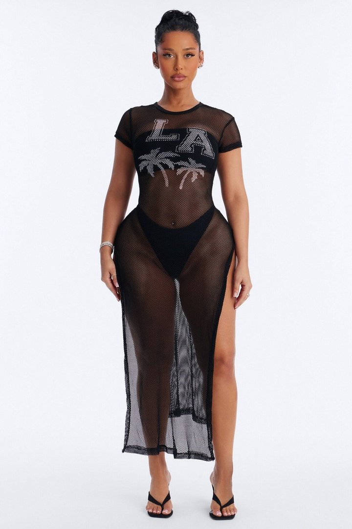 LA Nights Fishnet Cover Up Dress - Black