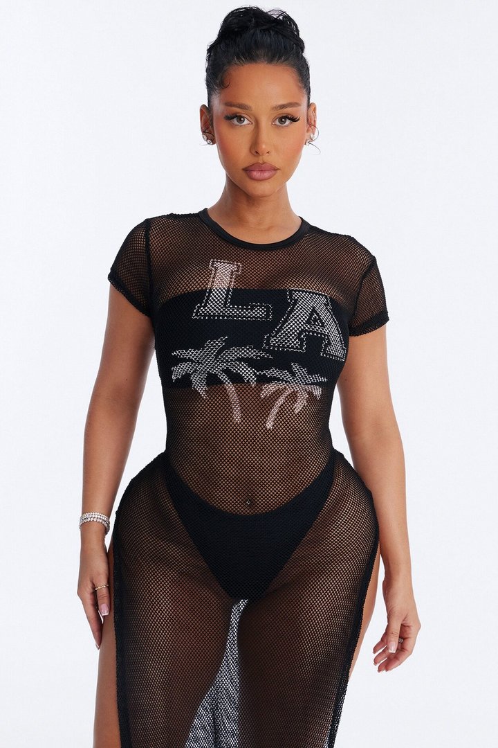 LA Nights Fishnet Cover Up Dress - Black