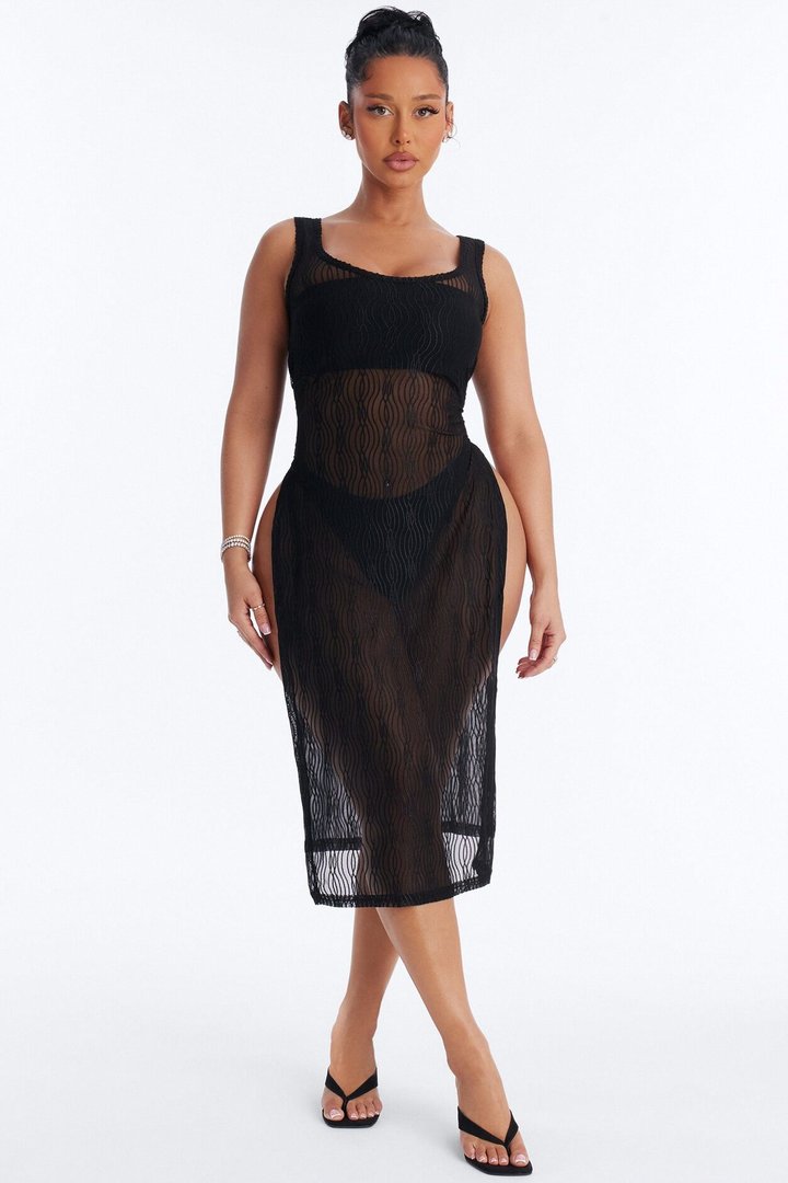 Live In The Moment Mesh Cover Up High Slit Dress - Black