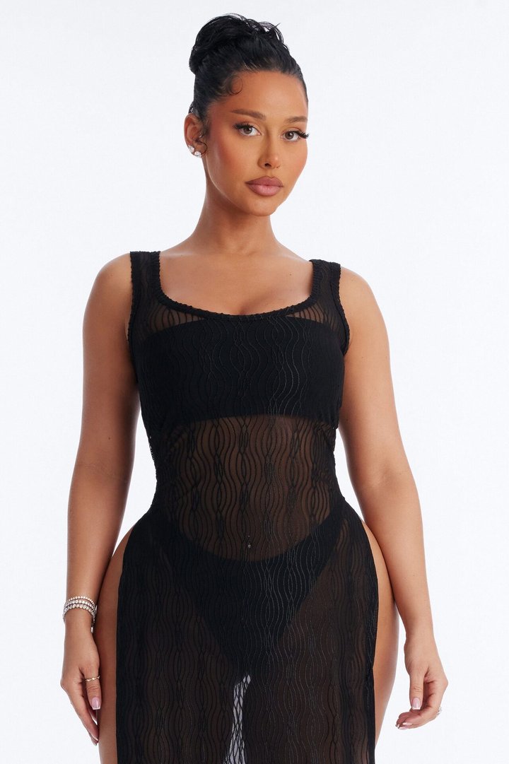 Live In The Moment Mesh Cover Up High Slit Dress - Black