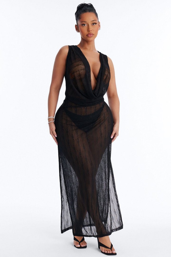 Sunshine Living Mesh Cover Up Cowl Midi Dress - Black
