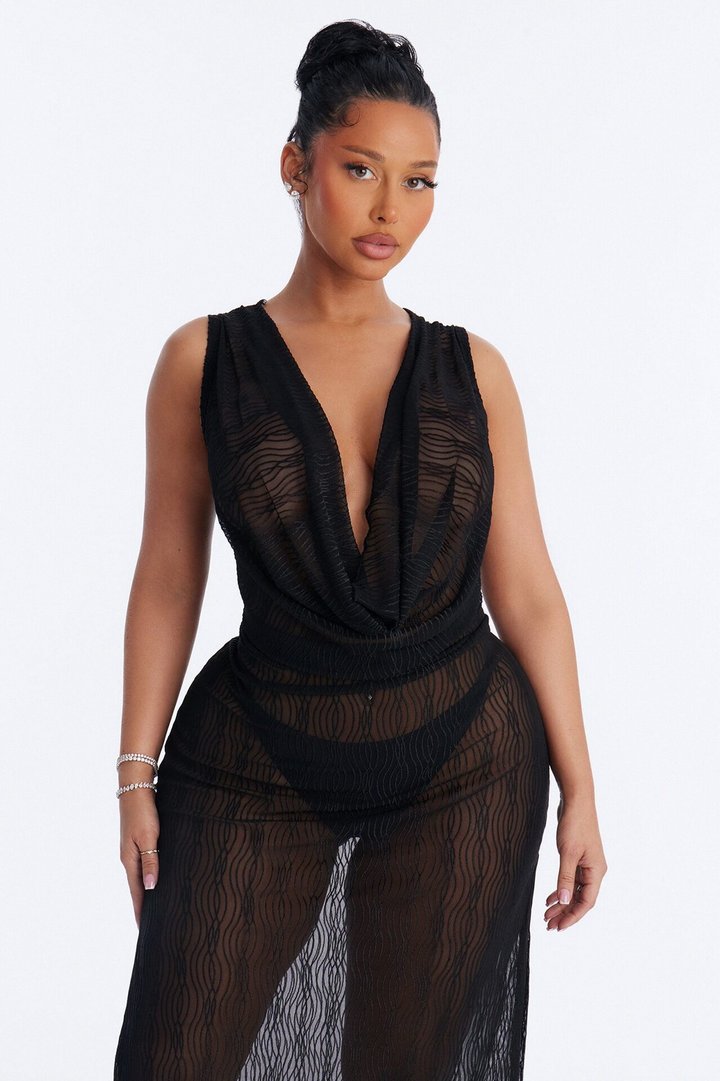 Sunshine Living Mesh Cover Up Cowl Midi Dress - Black