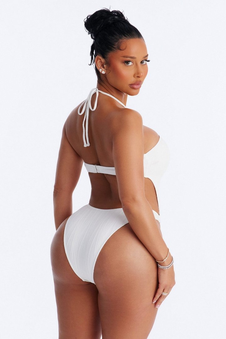 Summer On Repeat Ribbed 1 Piece Halter Bralette Cut Out Swimsuit - White