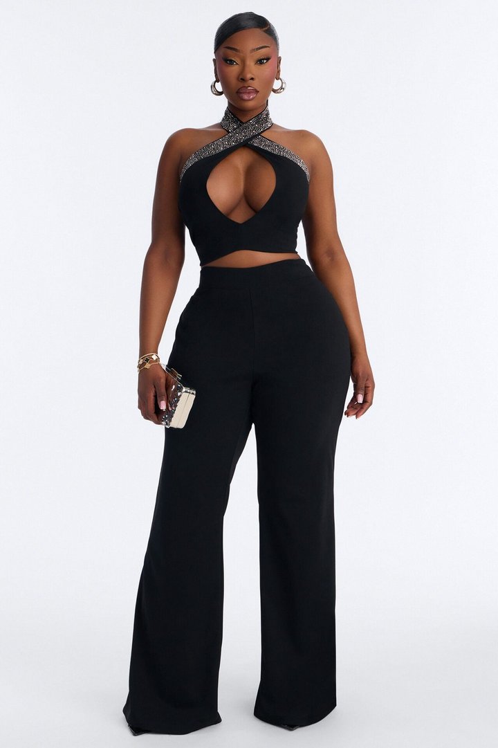 Glam Hour Rhinestone Halter Pant Set - Black