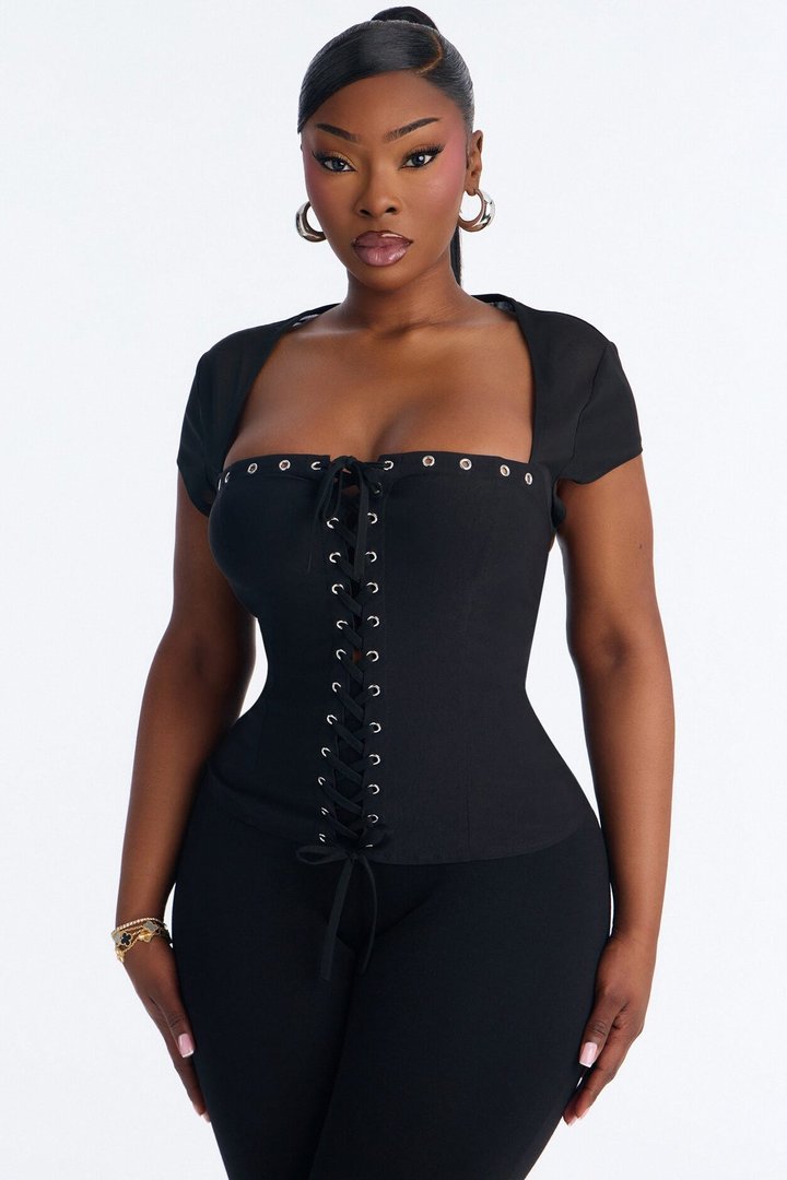 Irma Short Sleeve Corset Top - Black