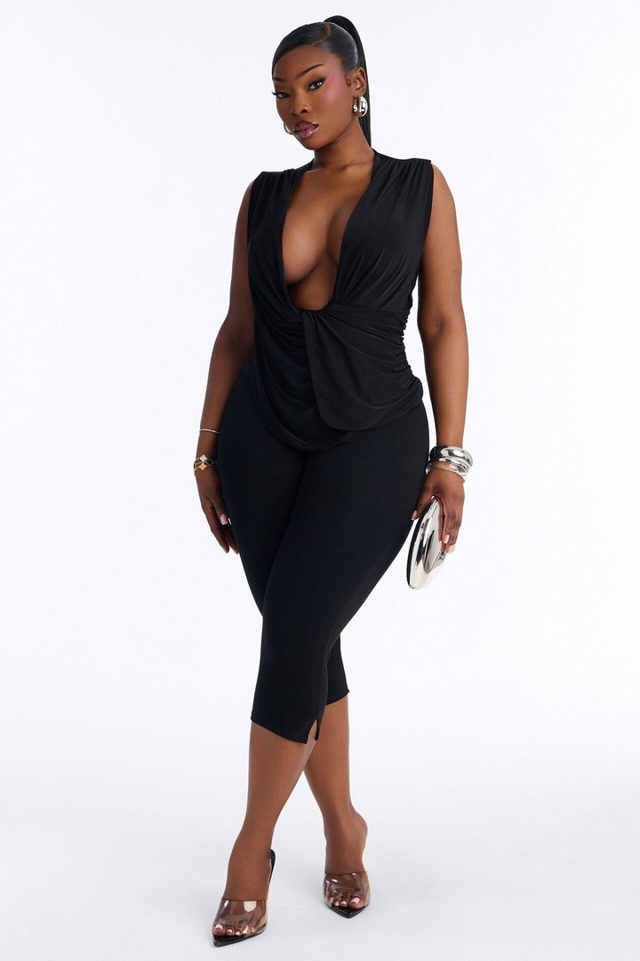 Mia Deep V-Neck Draped Sleeveless Top - Black