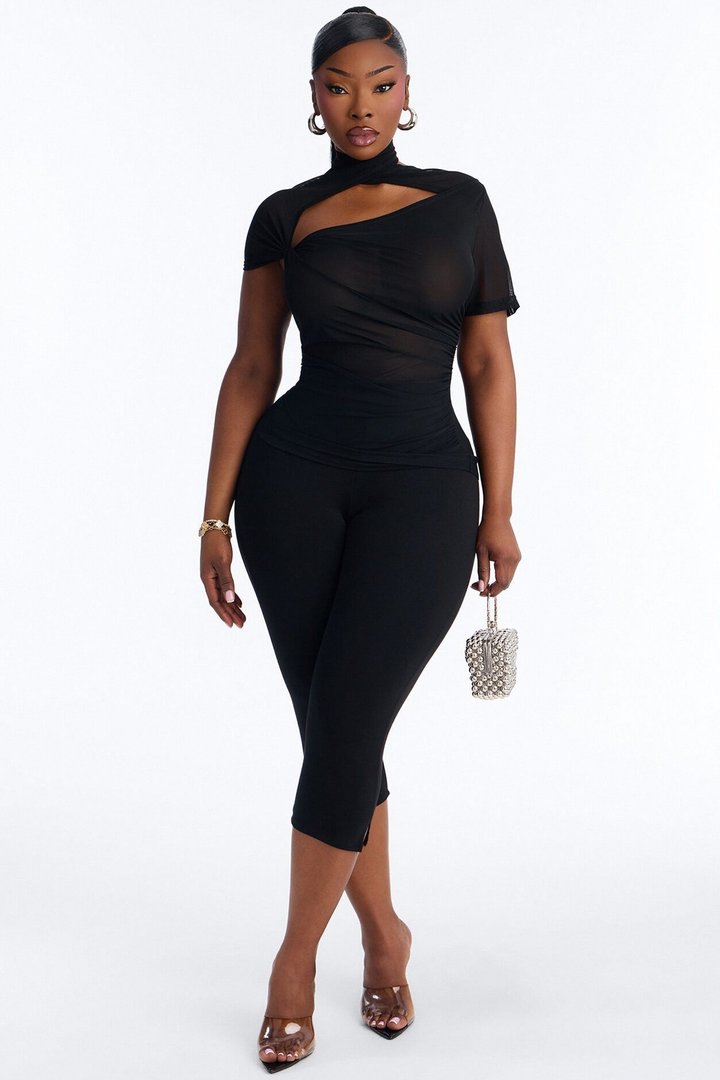 Sophie Power Mesh Twist Short Sleeve Top - Black