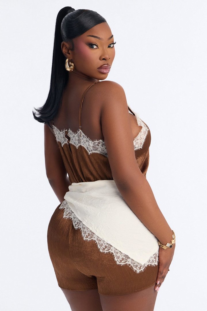Cara Lace Trim Waist Scarf Romper - Chocolate