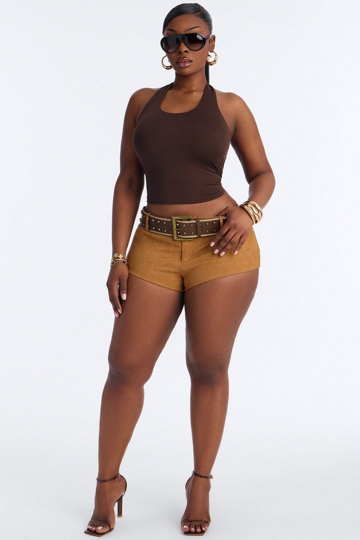 Emira Belted Faux Suede Micro Short - Camel