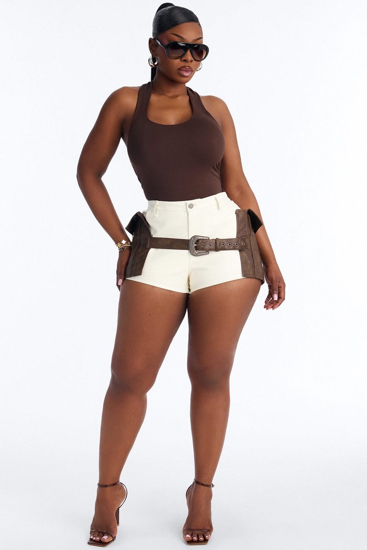 In The Field Belted Faux Leather Micro Short - Ivory/combo