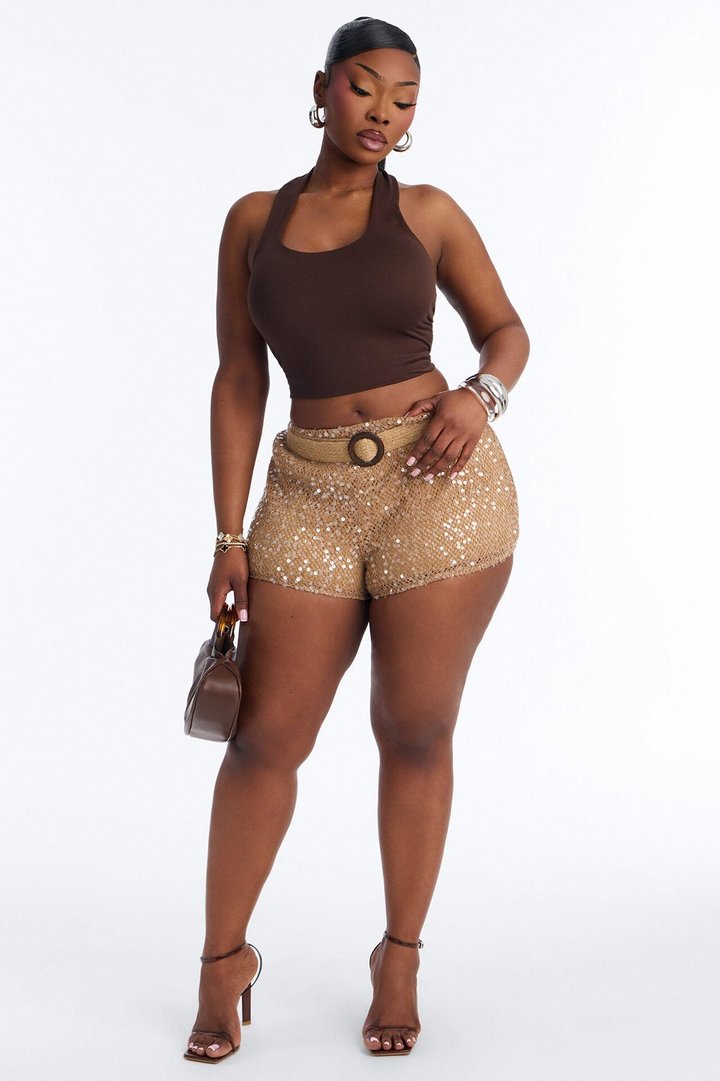 Aitana Low Rise Crochet Sequin Belted Hot Short - Natural