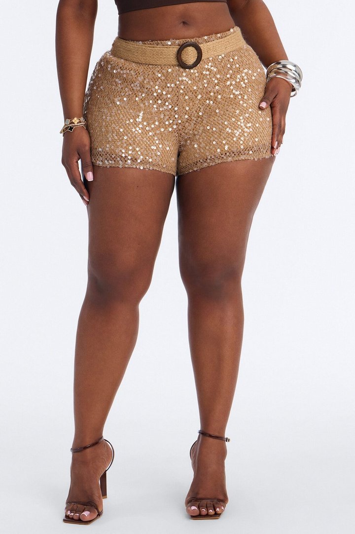Aitana Low Rise Crochet Sequin Belted Hot Short - Natural