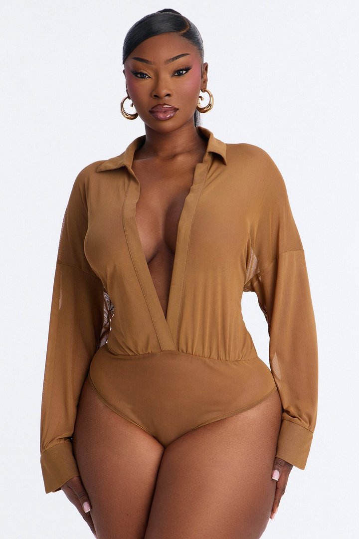 Taryn Sheer Mesh Long Sleeve Bodysuit - Mocha