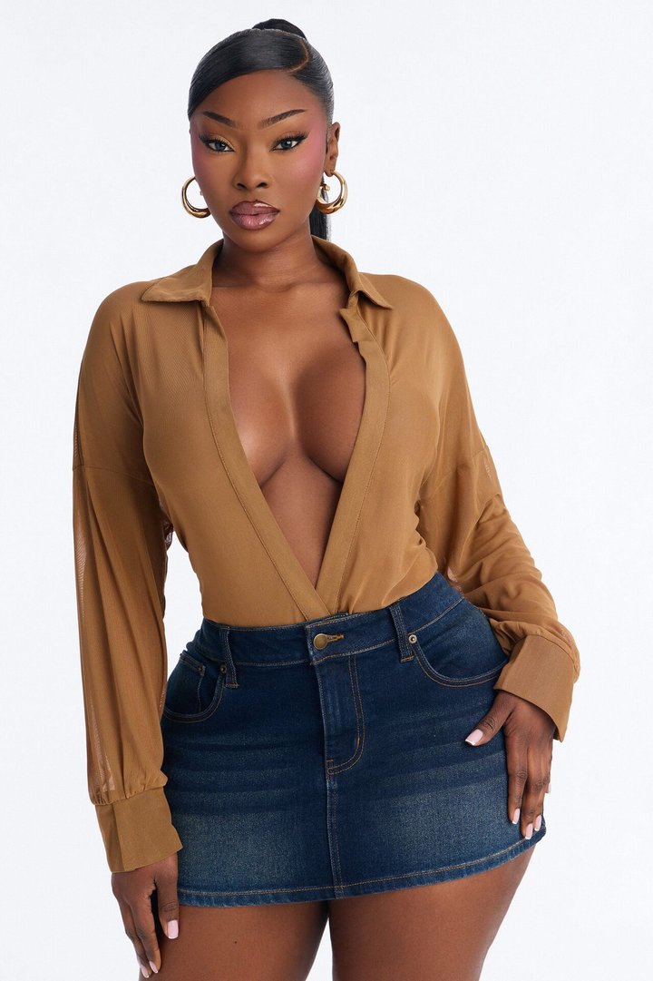 Taryn Sheer Mesh Long Sleeve Bodysuit - Mocha