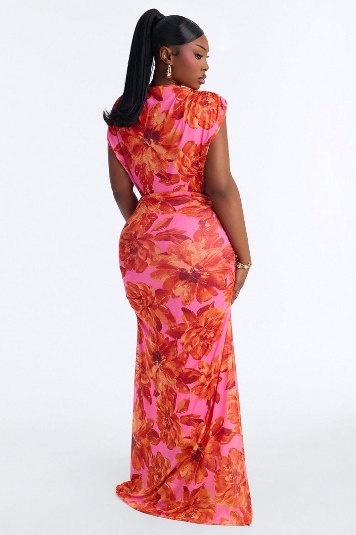 Veda Floral Mesh Maxi Dress - Pink/combo