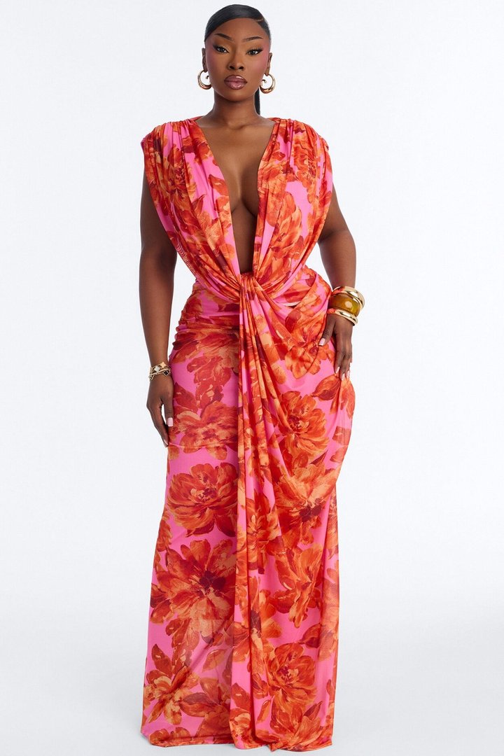 Veda Floral Mesh Maxi Dress - Pink/combo