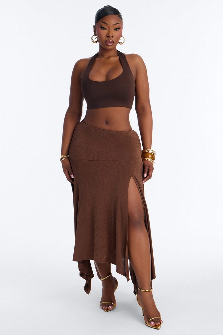 Alyssa Drop Waist Slinky Midi Skirt - Chocolate