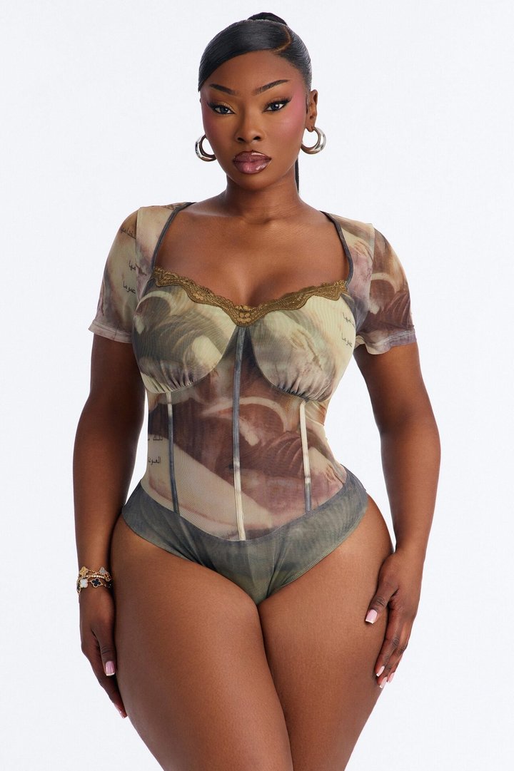 Midnight Fantasy Mesh Short Sleeve Bodysuit - Green/combo
