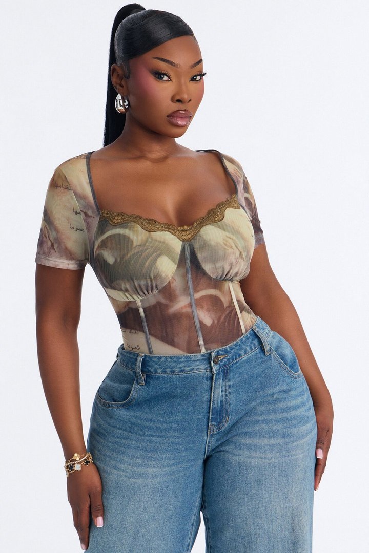 Midnight Fantasy Mesh Short Sleeve Bodysuit - Green/combo