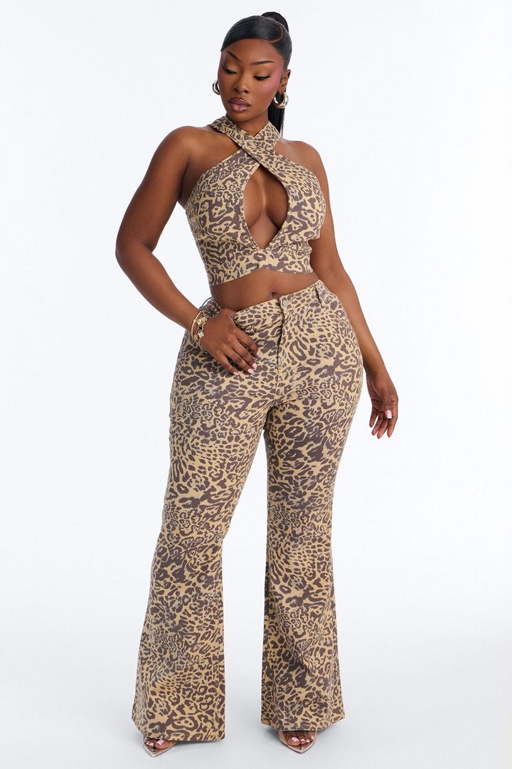 Cheetah Crush Denim Pant Set - Mocha/combo