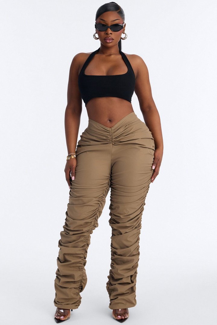 Lettie Mid Rise Ruched Skinny Pant - Taupe