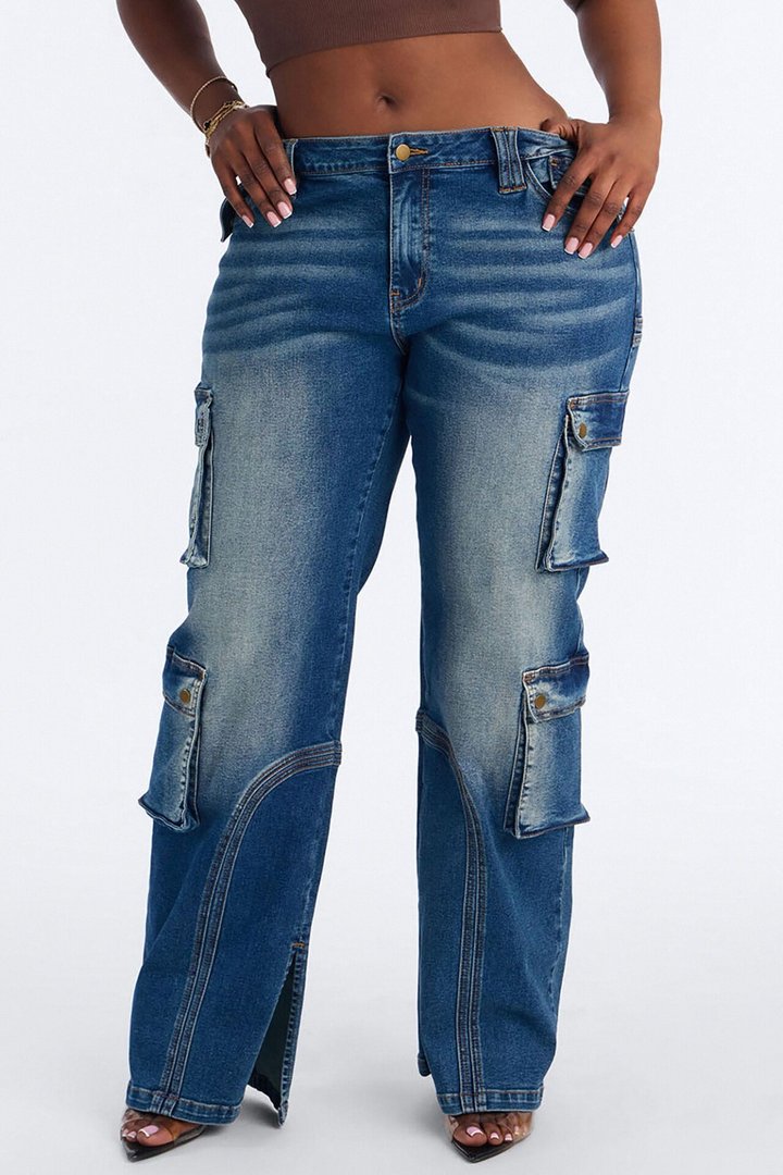Drive Me Anywhere Split Hem Tinted Cargo Jeans - Vintage Wash