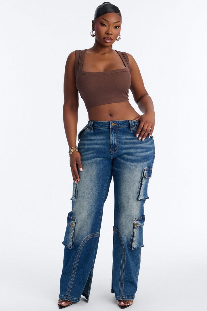 Drive Me Anywhere Split Hem Tinted Cargo Jeans - Vintage Wash