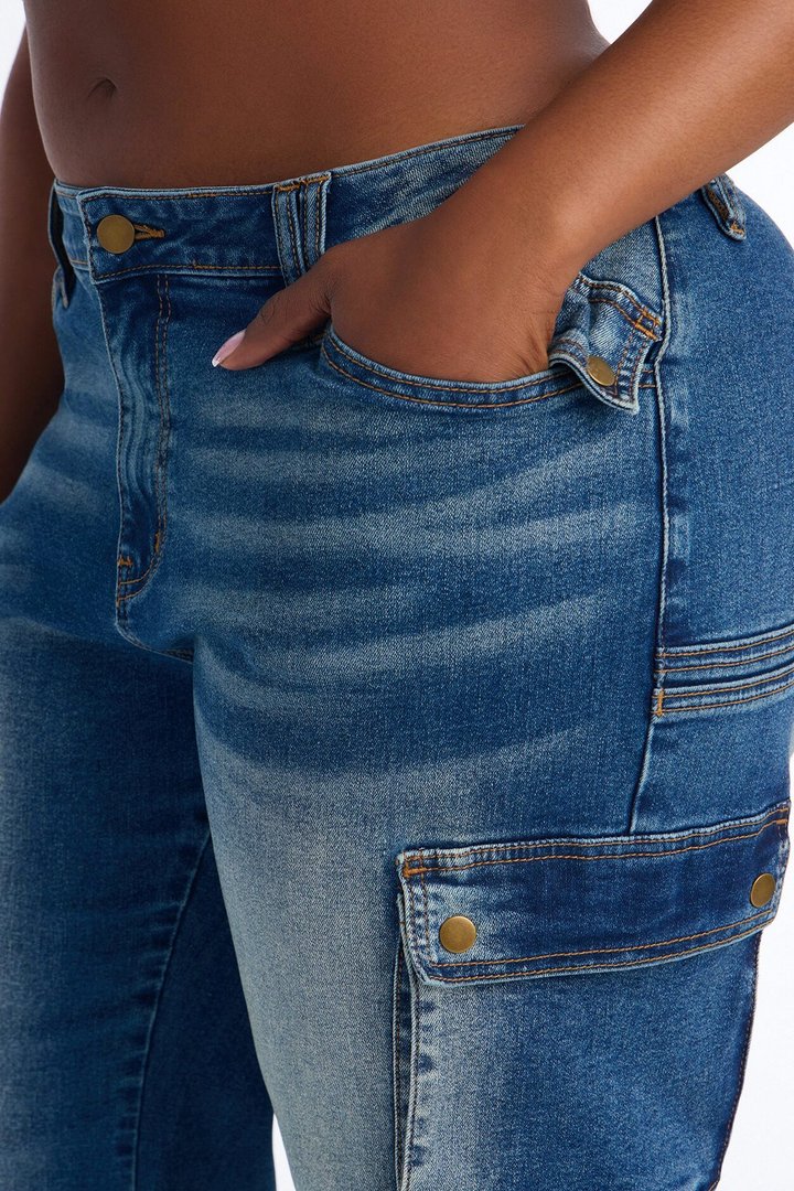 Drive Me Anywhere Split Hem Tinted Cargo Jeans - Vintage Wash