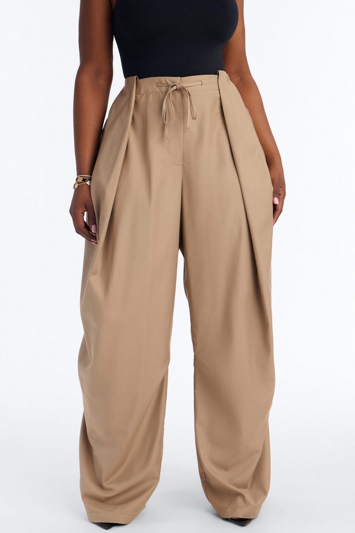 Chloe Wide Leg Stacked Pleated Trouser - Khaki