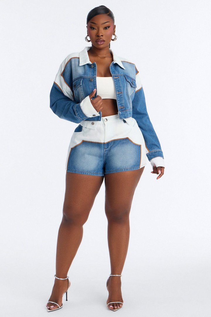 Soho Layered Denim Jacket And Short Set - Medium Blue Wash