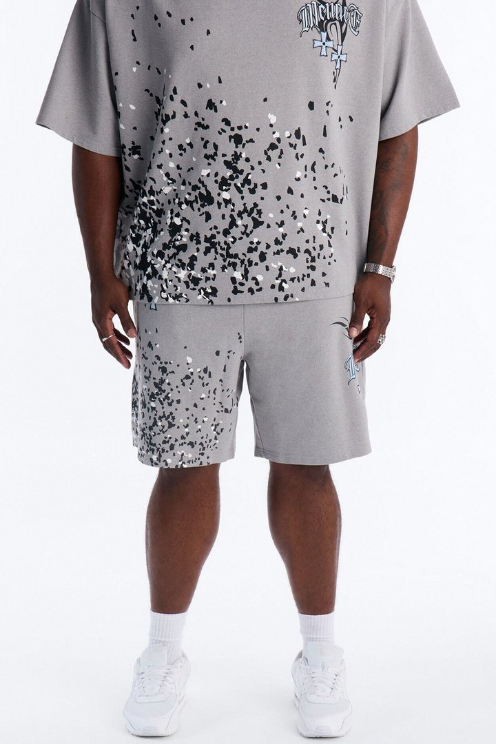 Menace Paint Splatter Embroidered Relaxed Sweatshort - Grey