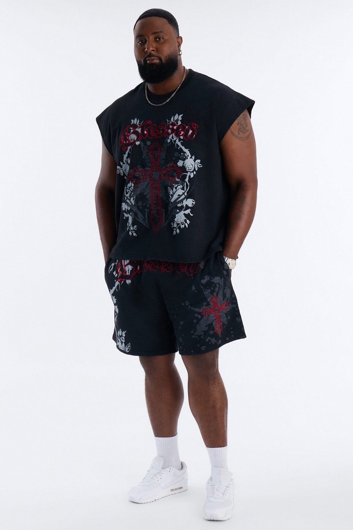 Blessed Roses Embroidered Patch French Terry Muscle Tee - Black Wash