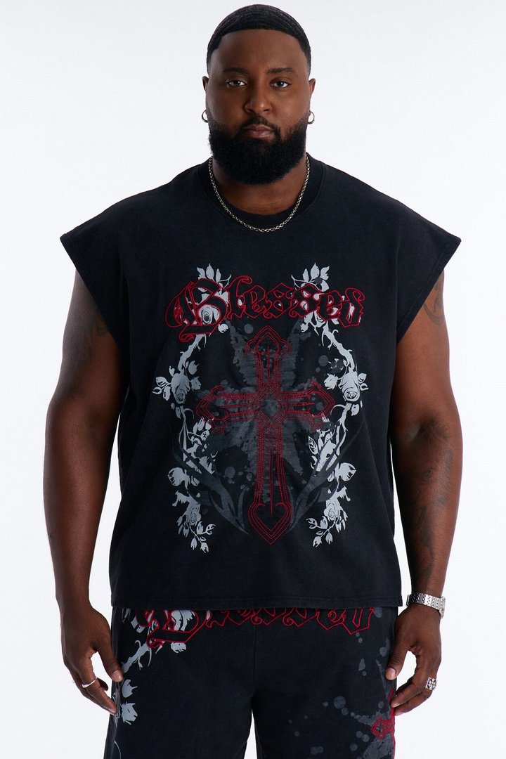 Blessed Roses Embroidered Patch French Terry Muscle Tee - Black Wash