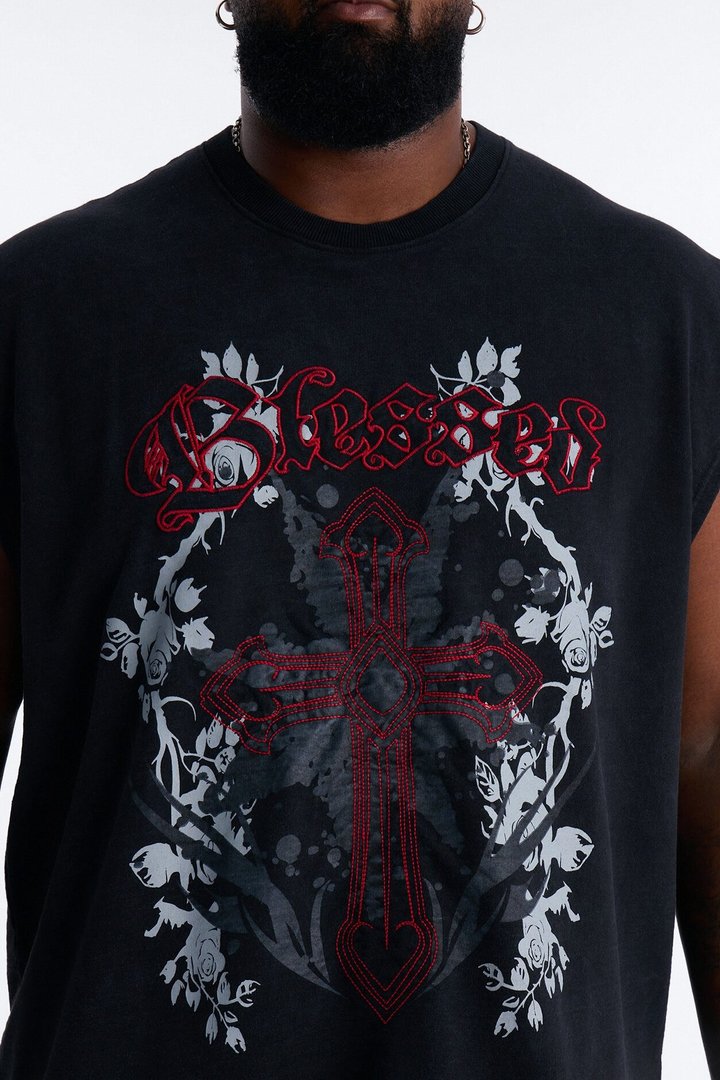Blessed Roses Embroidered Patch French Terry Muscle Tee - Black Wash