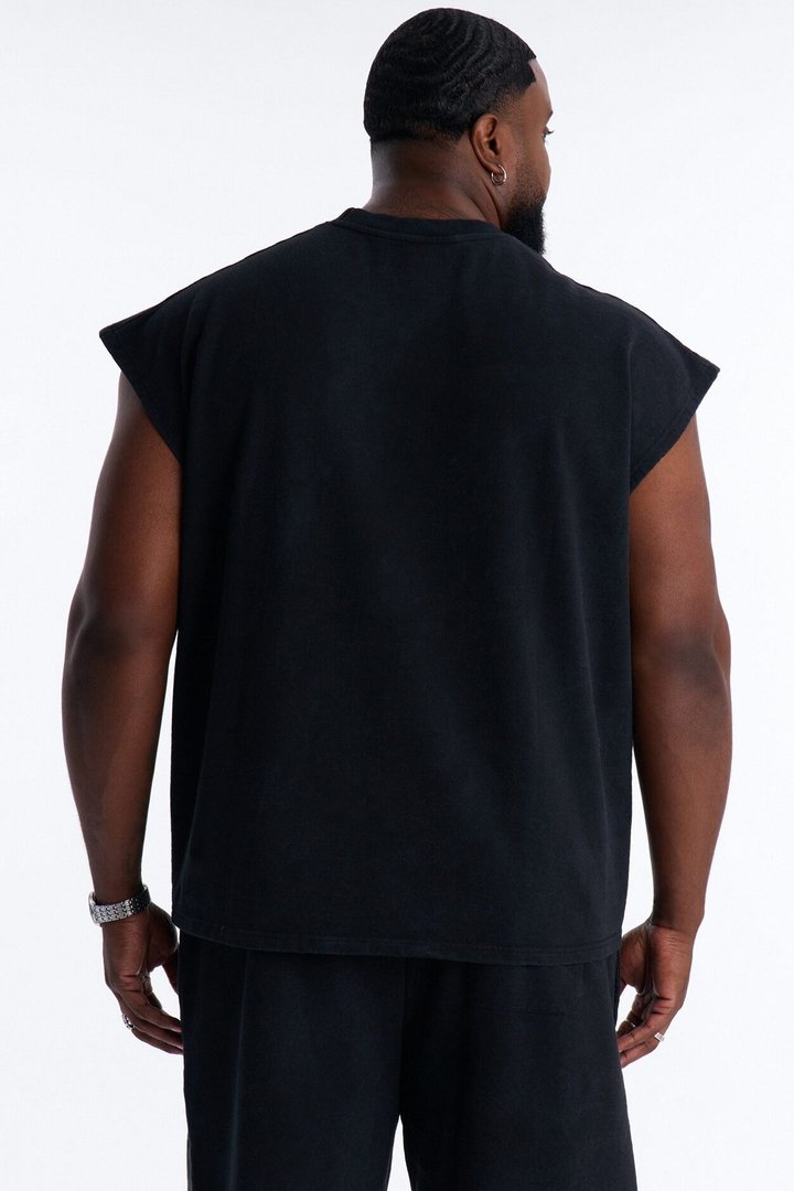 Blessed Roses Embroidered Patch French Terry Muscle Tee - Black Wash