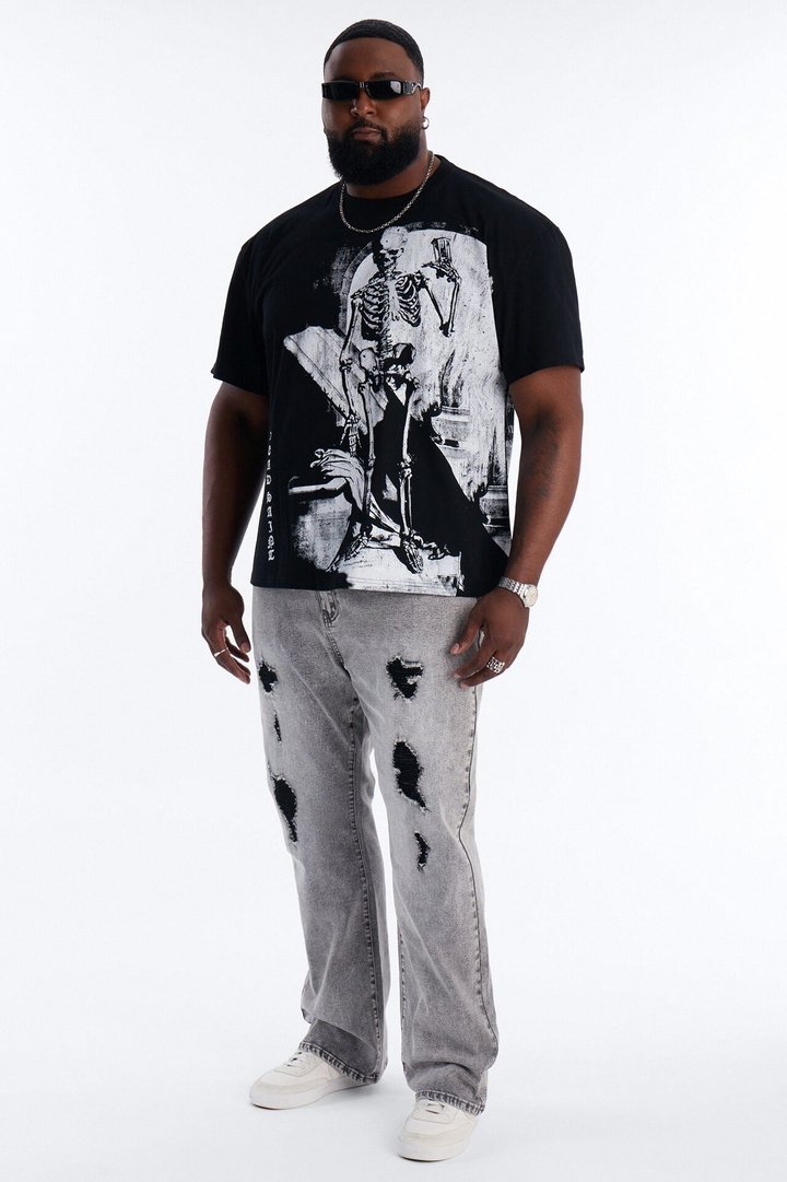 Stacked Skinny Slim Flare Acid Distressed Jeans - Grey