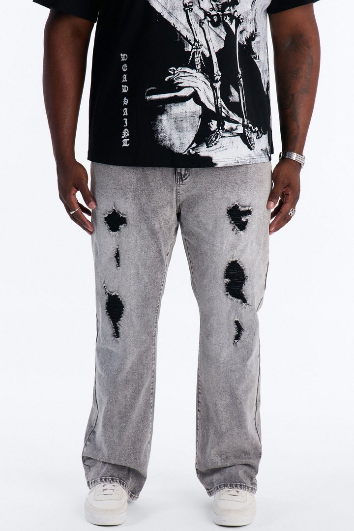 Stacked Skinny Slim Flare Acid Distressed Jeans - Grey