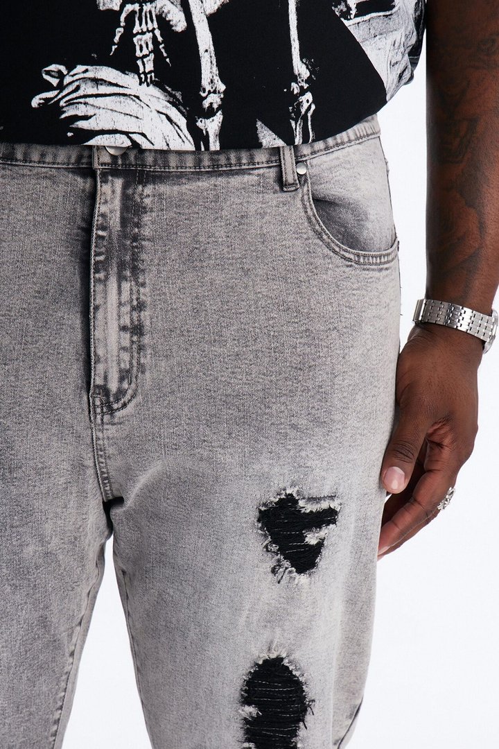 Stacked Skinny Slim Flare Acid Distressed Jeans - Grey