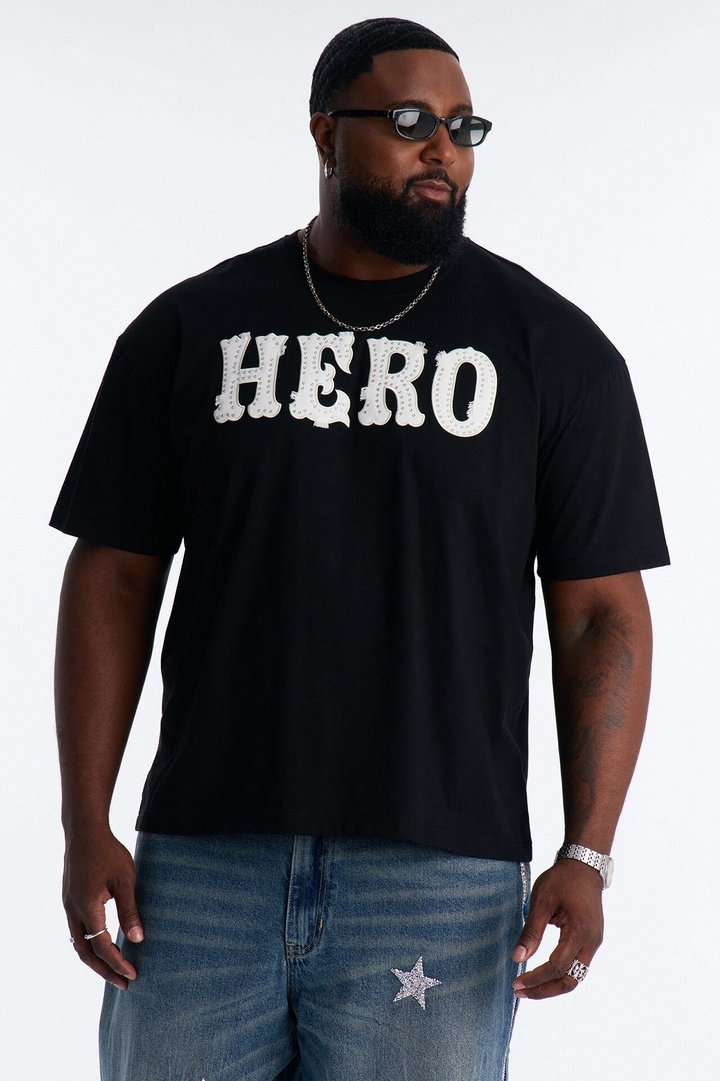 Oversized Hero Rhinestone Patch Short Sleeve Tee - Black