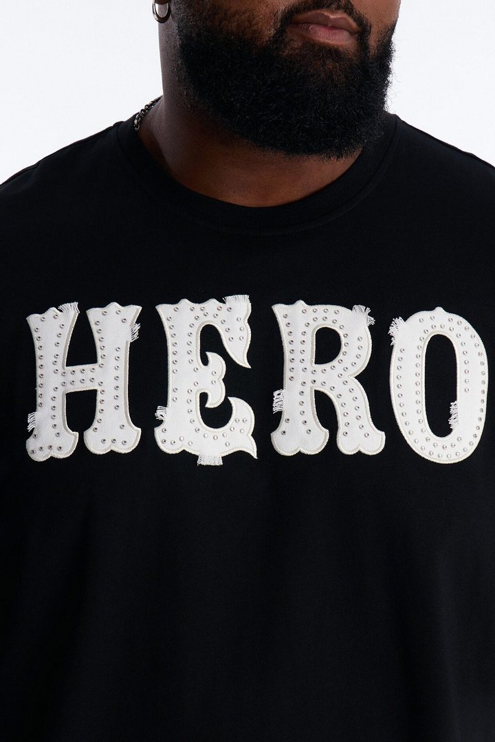 Oversized Hero Rhinestone Patch Short Sleeve Tee - Black