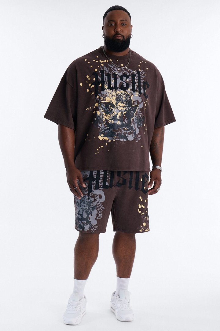 Heavenly Hustle Patch Oversized French Terry Tee - Brown