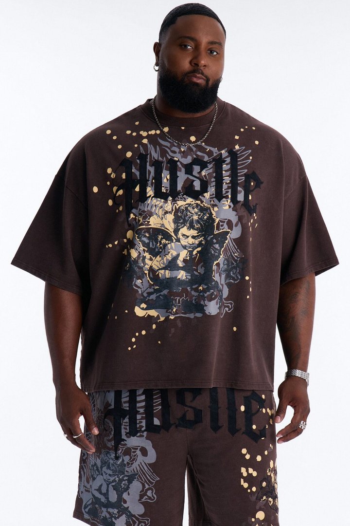 Heavenly Hustle Patch Oversized French Terry Tee - Brown