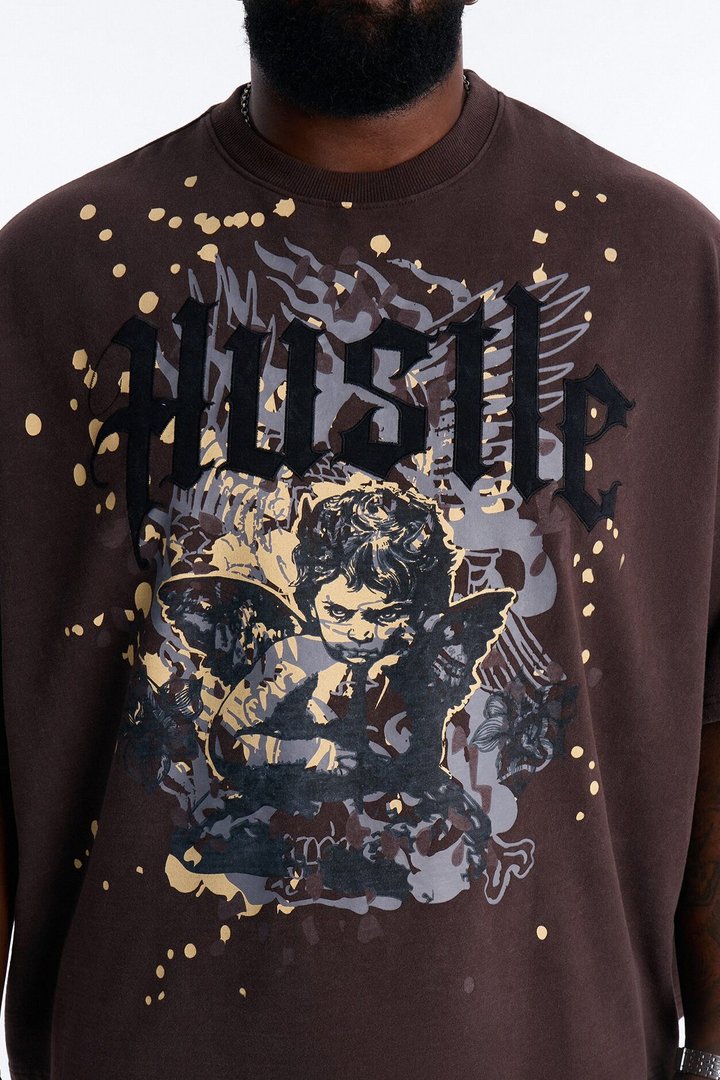 Heavenly Hustle Patch Oversized French Terry Tee - Brown