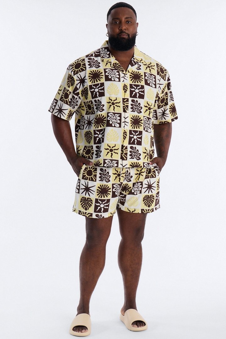 Solar Foliage Checkered Cuban Collar Shirt - Brown