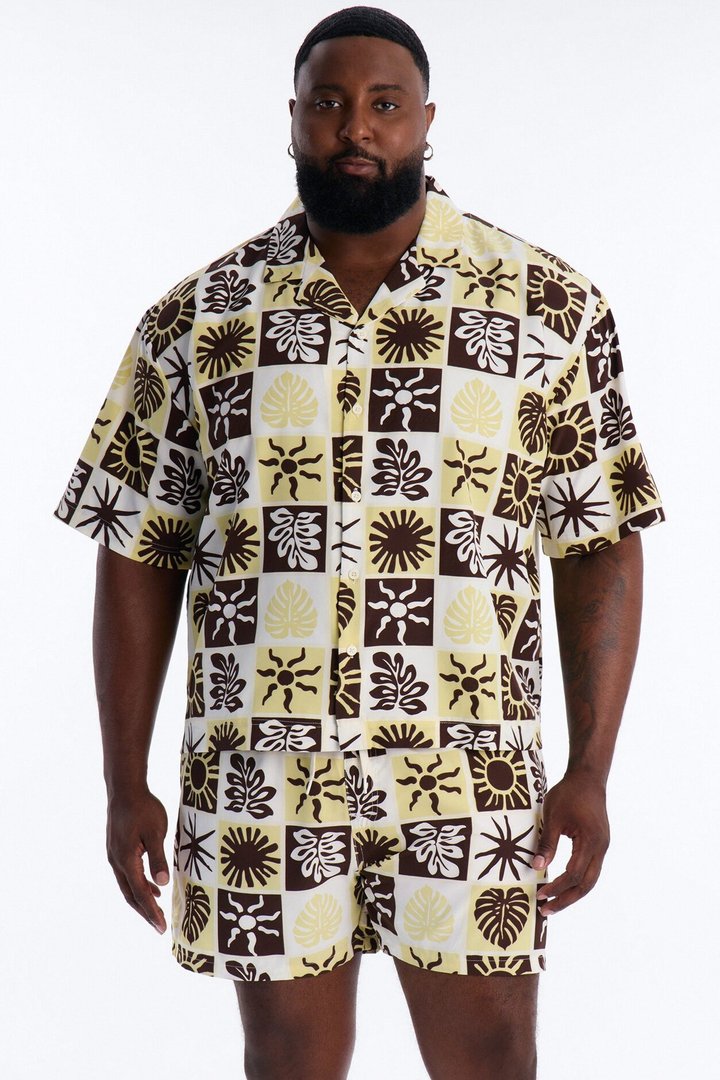 Solar Foliage Checkered Cuban Collar Shirt - Brown