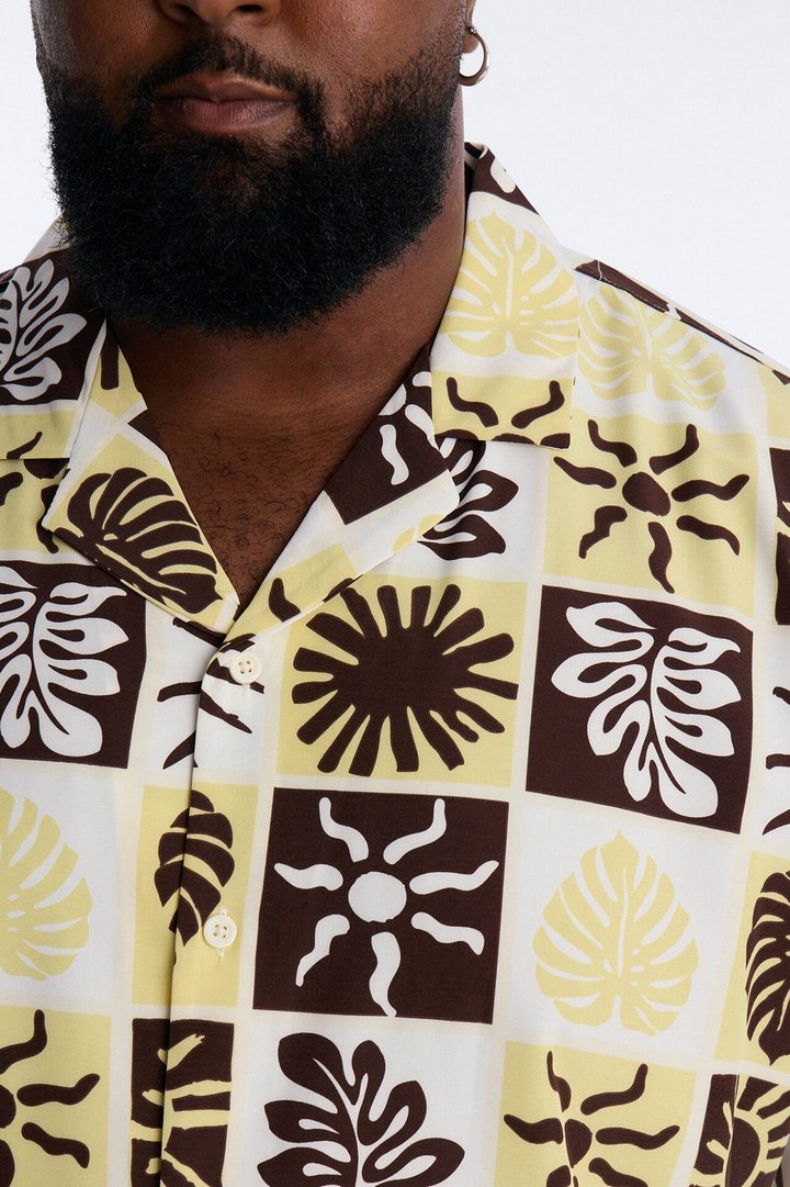 Solar Foliage Checkered Cuban Collar Shirt - Brown