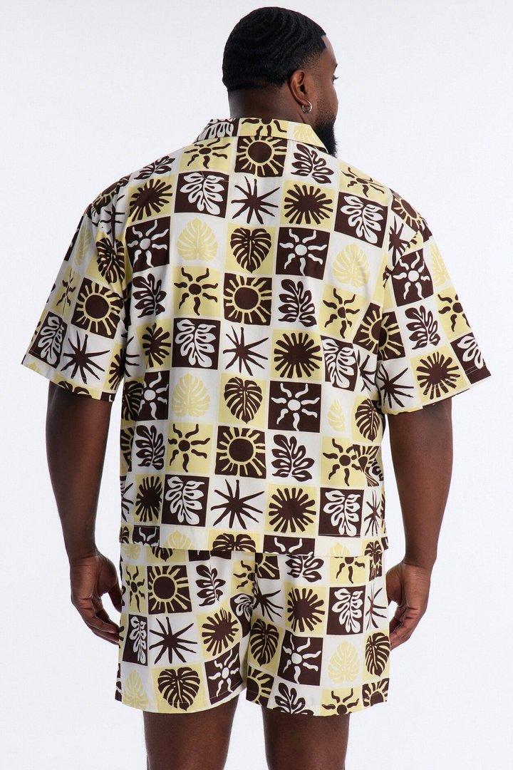Solar Foliage Checkered Cuban Collar Shirt - Brown