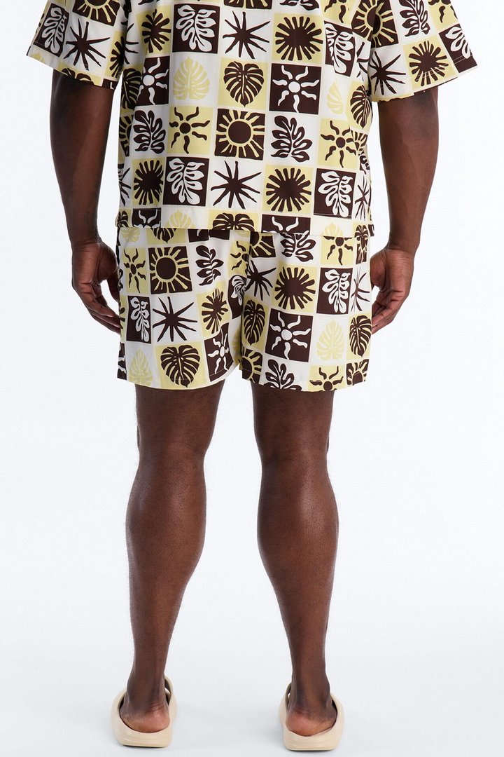 Solar Foliage Checkered Swim Trunk 4″ - Brown