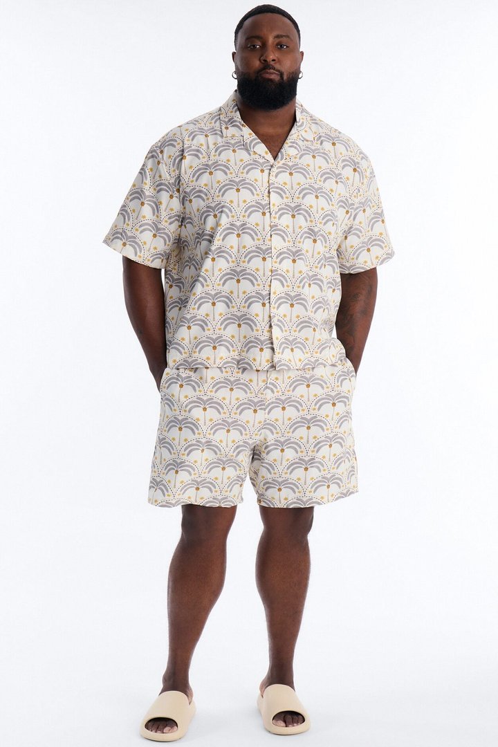 Relaxed Palm Mandala Cuban Collar Button Up Shirt - Cream/combo